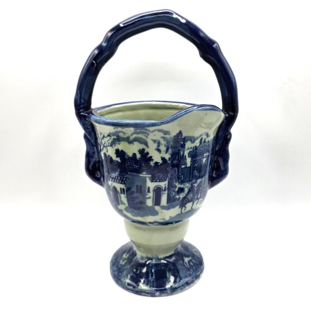Victoria Ware Blue Transferware Scenic Ironstone Handled Basket Vase Planter